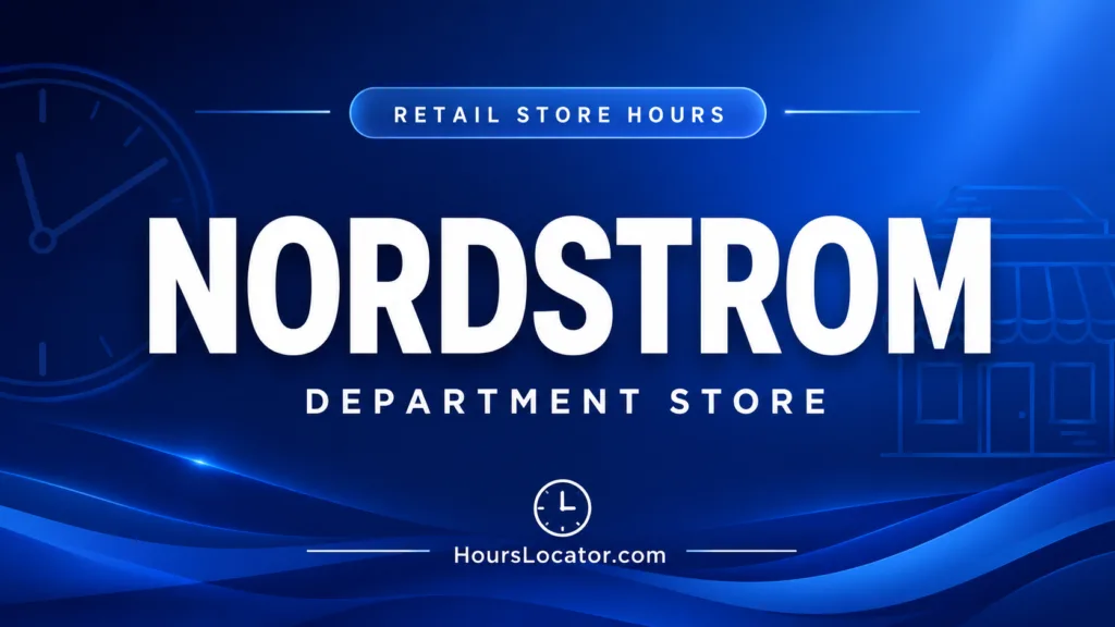 Nordstrom hours details showing store opening times for weekdays, weekends, and holidays at the department store.