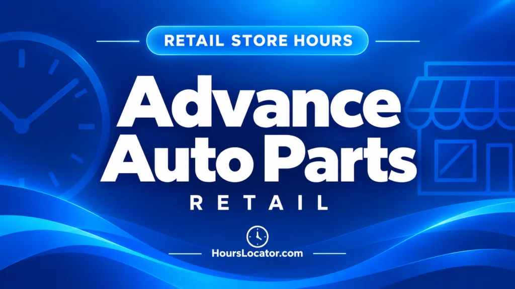 Advance Auto Parts hours graphic with the retail logo and a clock icon for store and weekend hours.