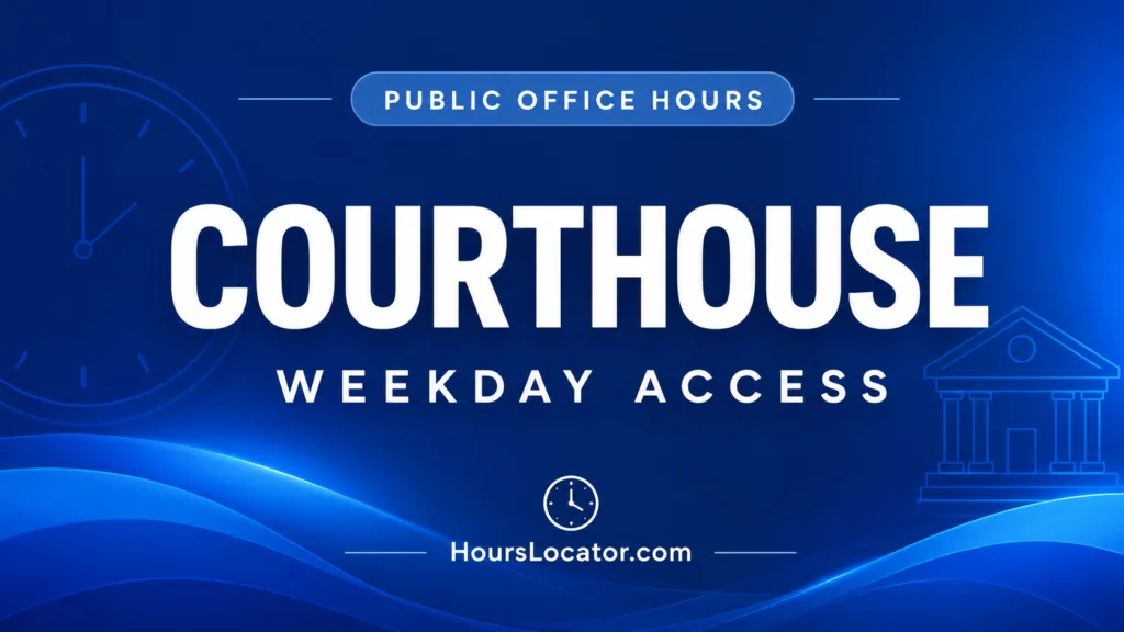Courthouse hours detail weekday access and holiday closures for visitors and legal professionals.