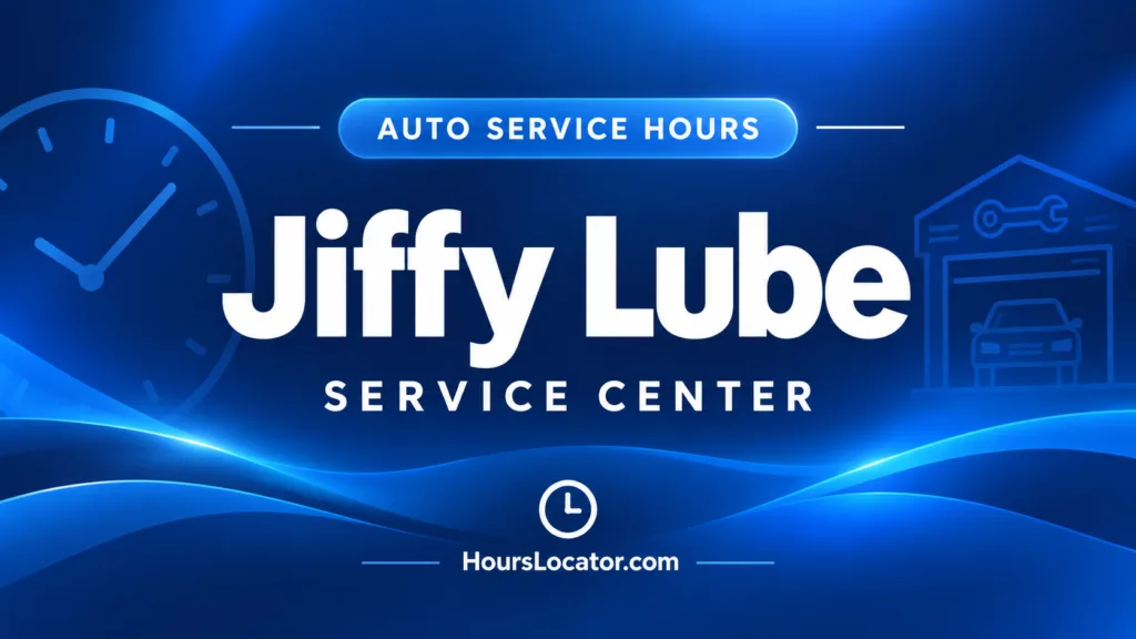 Jiffy Lube service center hours graphic with a clock icon and HoursLocator.com branding