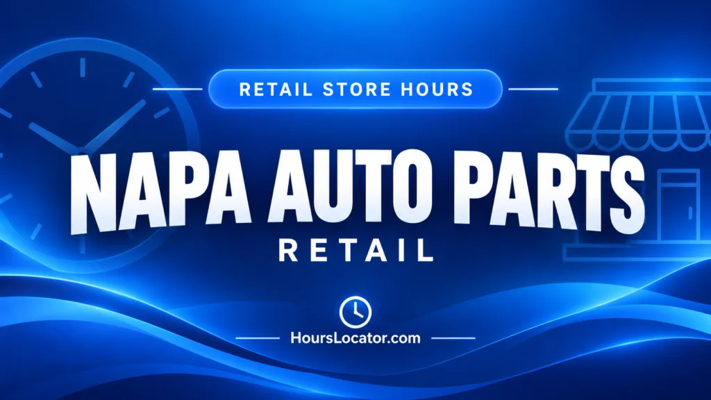 NAPA Auto Parts store hours graphic with bold retail branding on a blue background.